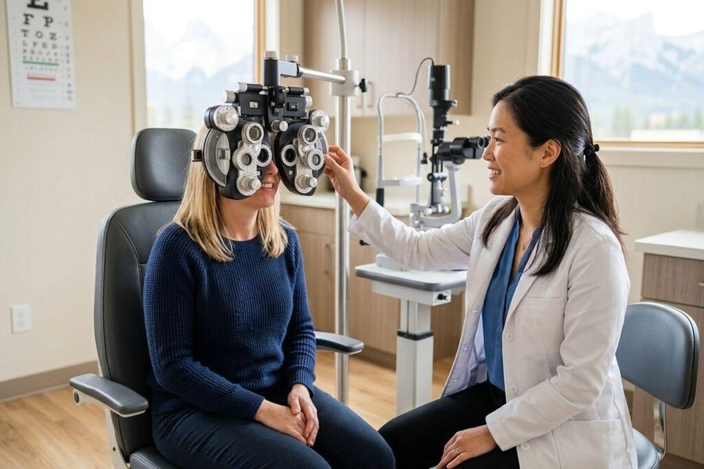 Optometrist in white coat adjusting a phoropter during an eye exam with a seated patient in a clinic.