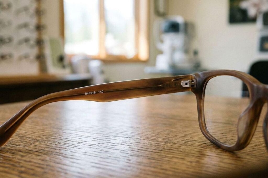 Brown eyeglasses on a wooden table, with optometry equipment blurred in the background.
