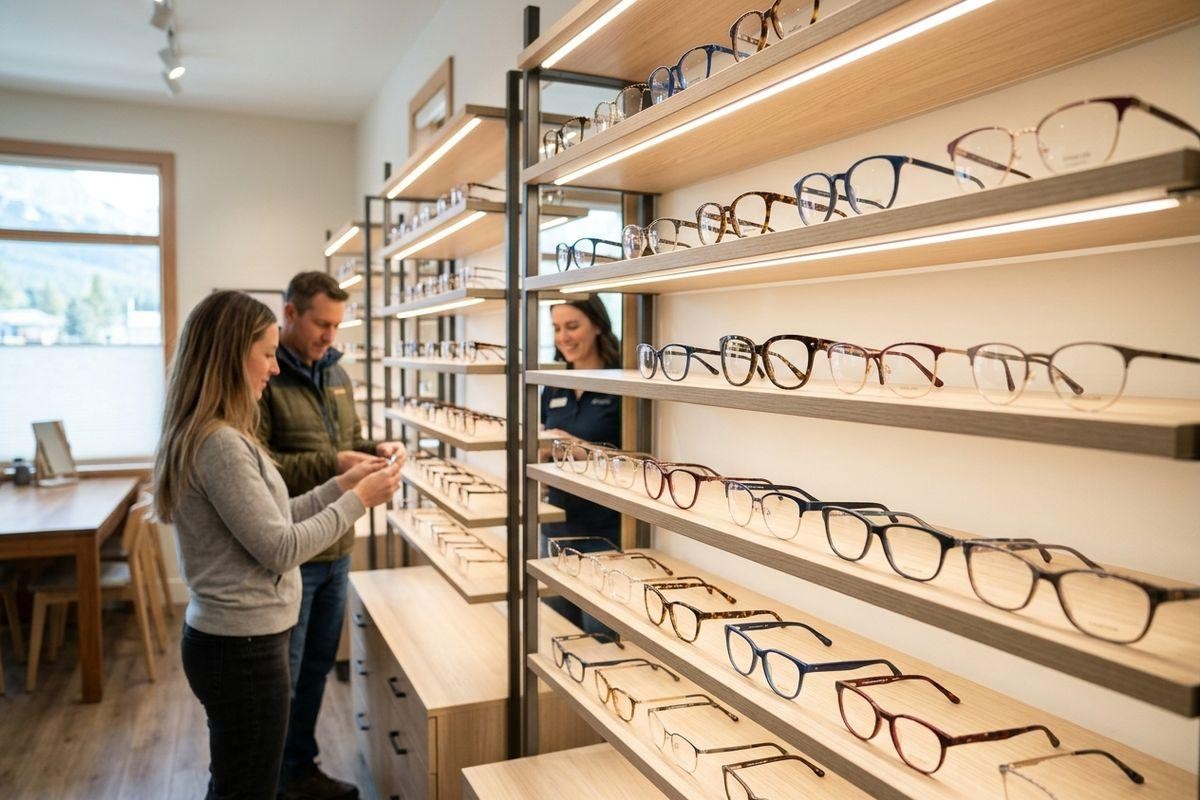 Two people browse eyeglasses on lit wall shelves in an optical shop while a staff member assists nearby.