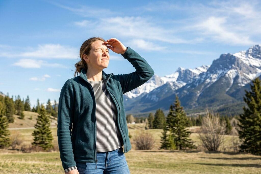 Person shielding eyes with hand, squinting, outdoors with snow-capped mountains and pine trees in the background.