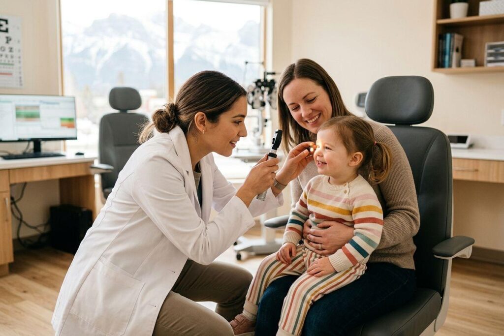 Optometrist examines a smiling child's eye with a light while the child sits on an adult's lap in an eye exam room.