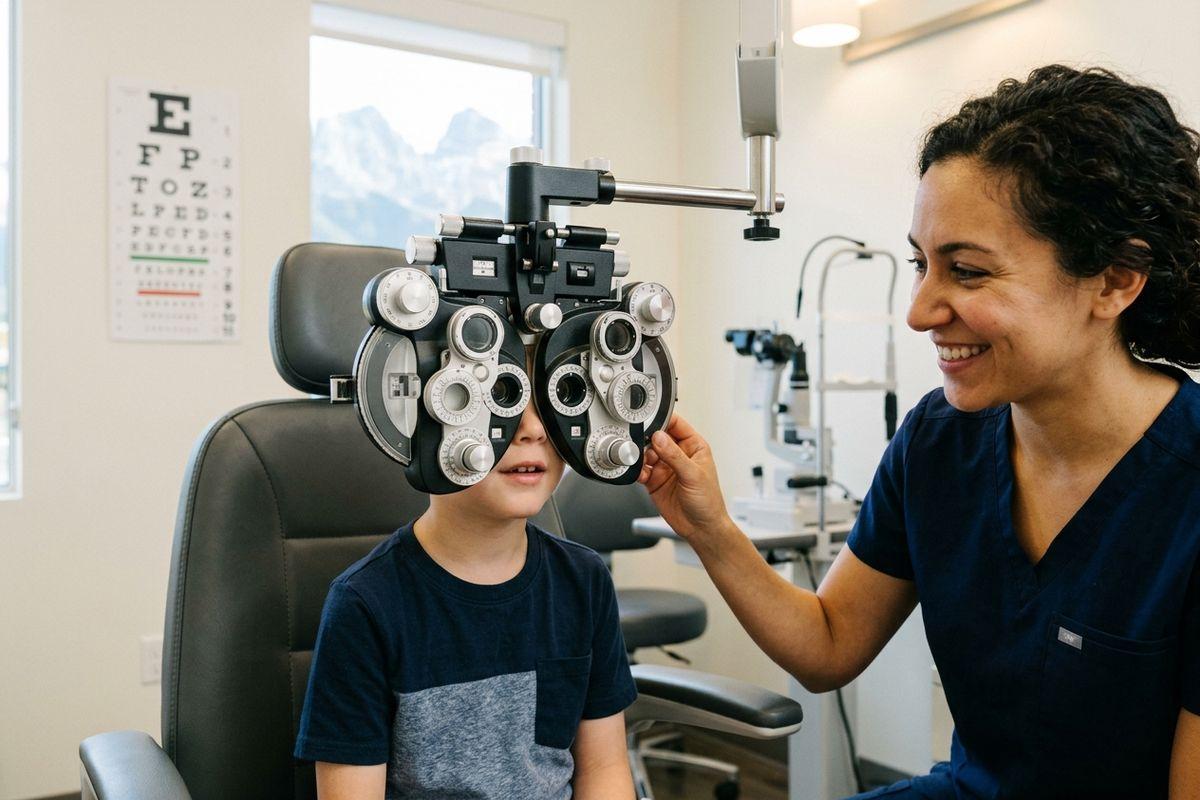 Optometrist smiling as a child looks through a phoropter during an eye exam, with an eye chart on the wall.