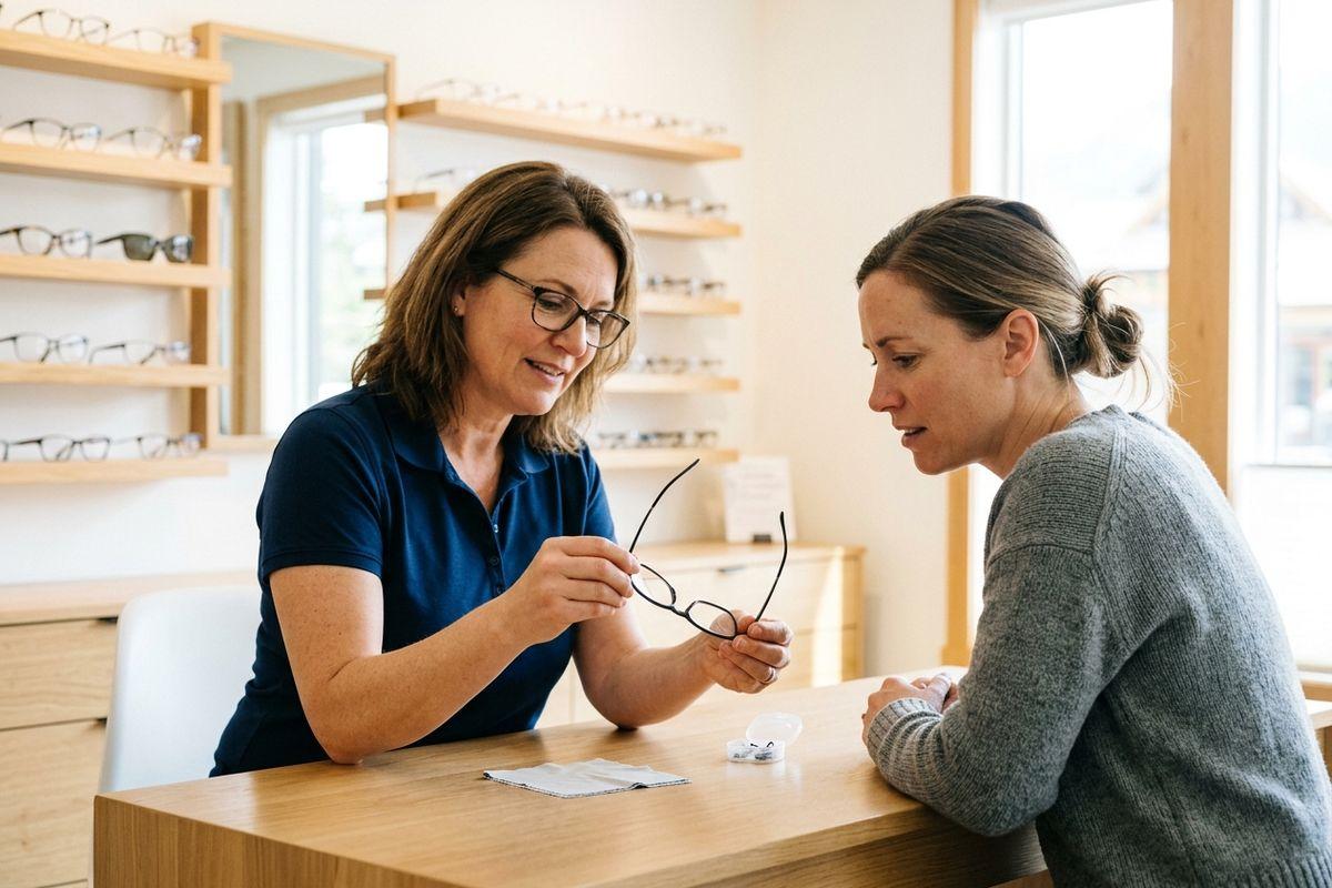 Optician holding eyeglasses shows them to a customer at a counter in an eyewear shop with frames displayed on shelves.