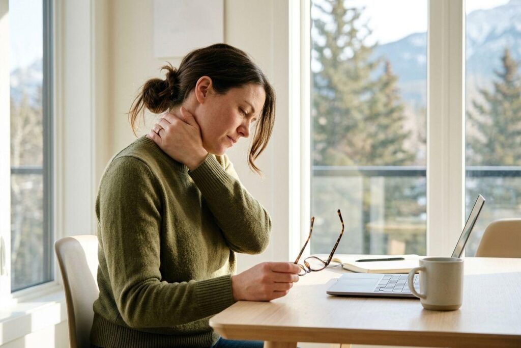 Adult sitting at a home desk holding glasses, rubbing the back of their neck with eyes closed, laptop and mug on the table.