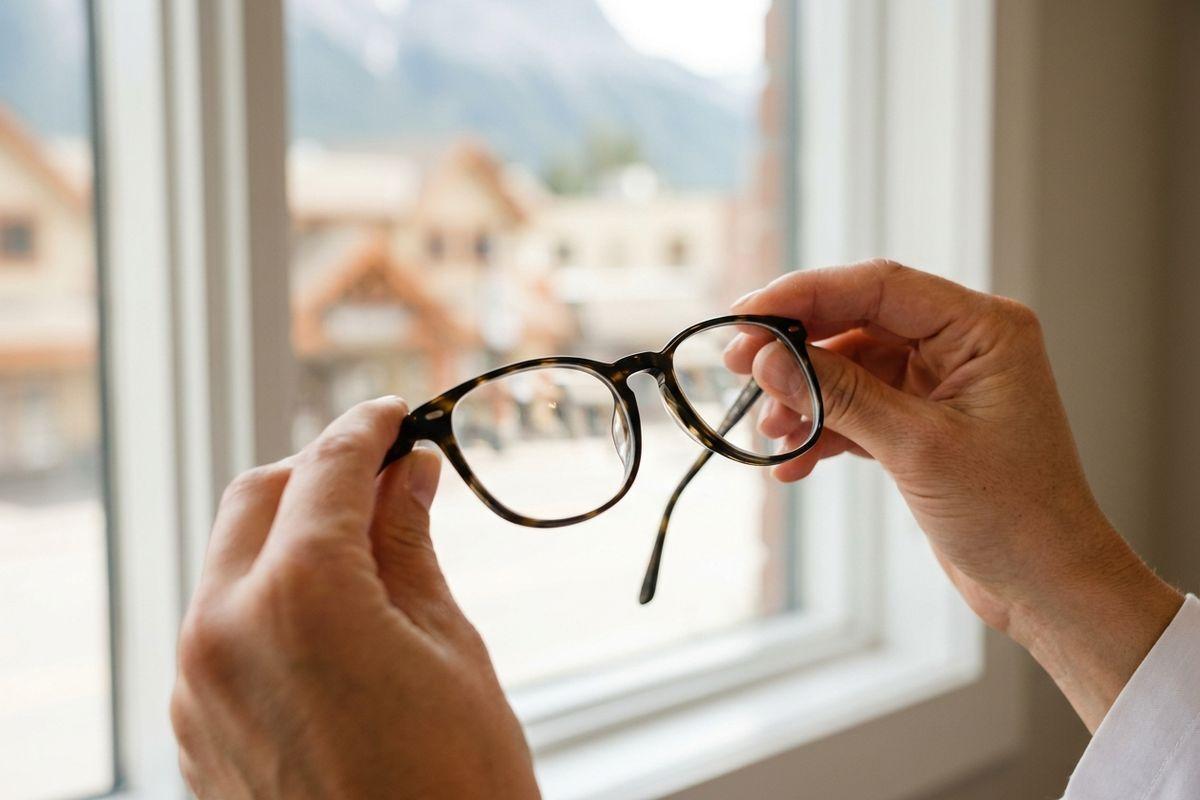 Two hands holding tortoiseshell-framed eyeglasses up toward a window with a blurred mountain town view behind.